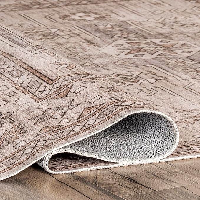 nuLOOM Amie Persian Border Machine Washable Ultra Thin Area Rug, 4' x 6', Light Brown - LeafyLoom