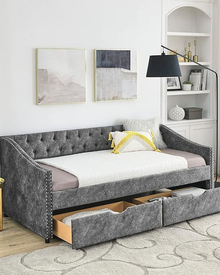 Twin Size Daybed with 2 Storage Drawers,Linen Upholstered Sofa Bed W/Button on Back & Copper Nail on Waved Shape Armrests,No Spring Box Need,Wood Bedframe for Living Room Bedroom Dorm,Grey - LeafyLoom