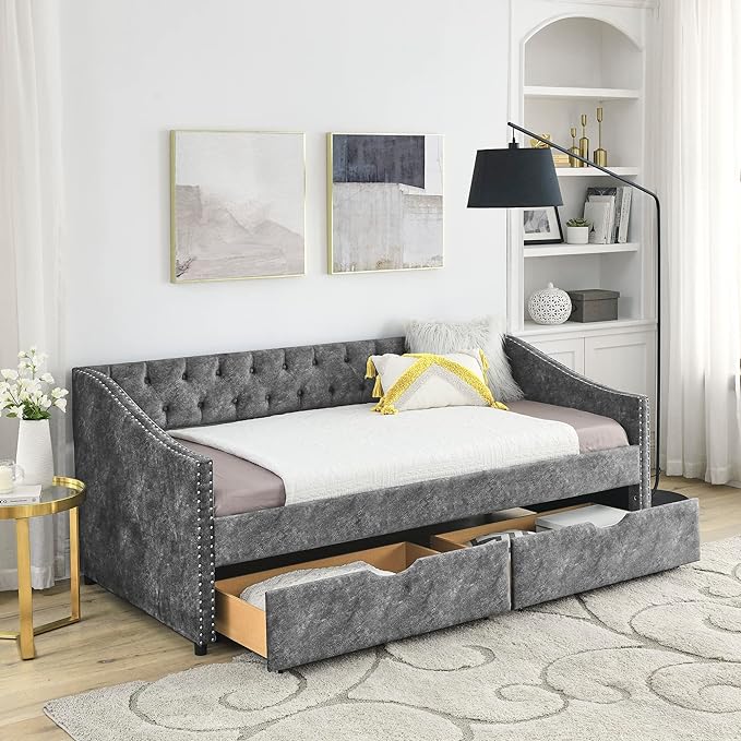 Twin Size Daybed with 2 Storage Drawers,Linen Upholstered Sofa Bed W/Button on Back & Copper Nail on Waved Shape Armrests,No Spring Box Need,Wood Bedframe for Living Room Bedroom Dorm,Grey - LeafyLoom