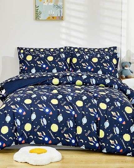 Mooreeke Bed in a Bag for Kids Girls Teens, 7 Pieces Full Size Comforter Bed Set with Shams, Sheet Set, Space Planet Blue Black Soft Microfiber Kids Comforter Bedding Set - LeafyLoom