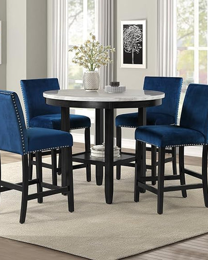 NicBex Dining Table for 4 Kitchen Table and Chairs 5Pc Round Counter Height Dining Table Set with Faux Marble Upholstered for Dining Room and Restaurant, Wooden, Blue - LeafyLoom