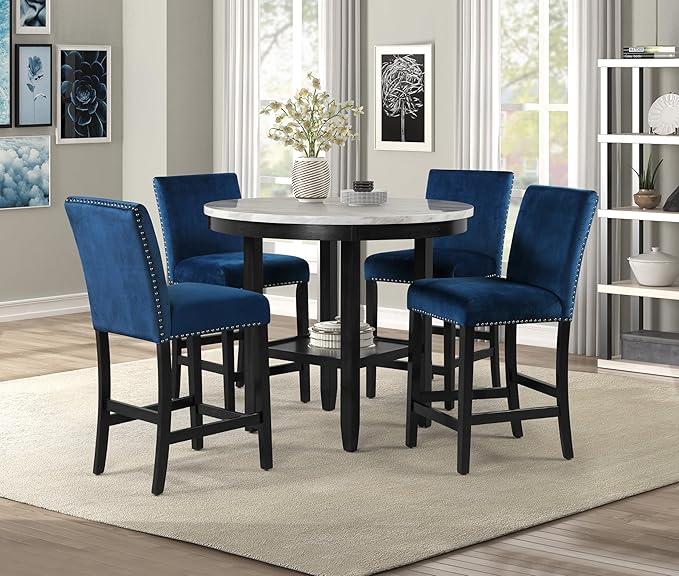 NicBex Dining Table for 4 Kitchen Table and Chairs 5Pc Round Counter Height Dining Table Set with Faux Marble Upholstered for Dining Room and Restaurant, Wooden, Blue - LeafyLoom