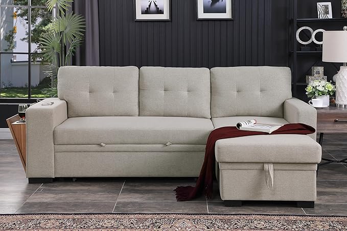 L Shaped Sectional Sofa Storage Chaise, Upholstered Convertible Couch Pull Out Sleeper Bed, Armrest with Hidden Shelves, USB Port & Cup Holder for Living Room Apartment, Light Gray, 92 - LeafyLoom
