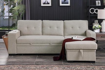 92 inch Convertible L-Shaped Sleeper Sectional Sofa with Storage Chaise,Reversible Couch with Side Open Cup Holder for Apartment, Dorm, Living Room, 92inch, Light Gray-4 - LeafyLoom