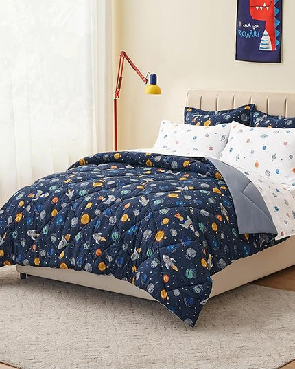 Twin Size Space Kids Bedding Set for Girls, 5 Pieces Super Soft Lightweight Microfiber Comforter Set with Sheets, Space Bedding Twin, Bed in a Bag, Durable Children Bed Set - LeafyLoom
