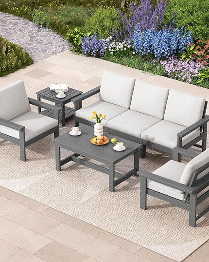 SERWALL HDPE Patio Coversation Set, 7-piece Outdoor Sectional Sofa Set, All Weather Patio Couch Set Patio Furniture for Balcony, Deck, Grey Frame with Khaki Cushion - LeafyLoom