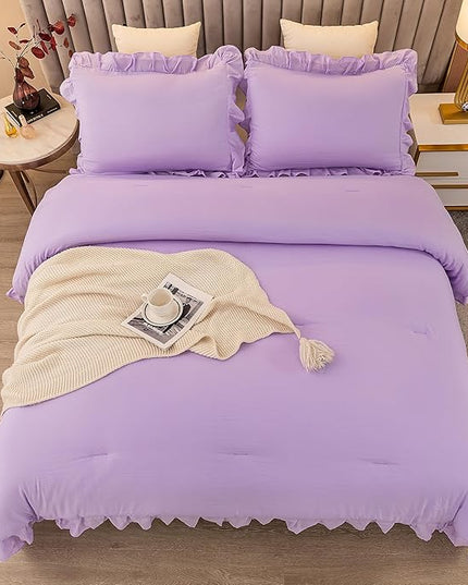 Andency Lavender Twin Size Comforter(66x90Inch), 2 Pieces(1 Ruffle Comforter and 1 Pillowcase) Solid Farmhouse Shabby Chic Comforter, Lighteweight and Soft Microfiber Bedding Set - LeafyLoom