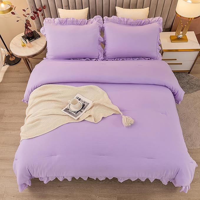 Andency Lavender Twin Size Comforter(66x90Inch), 2 Pieces(1 Ruffle Comforter and 1 Pillowcase) Solid Farmhouse Shabby Chic Comforter, Lighteweight and Soft Microfiber Bedding Set - LeafyLoom