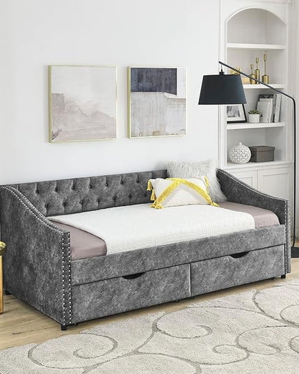 Twin Size Daybed with 2 Storage Drawers,Linen Upholstered Sofa Bed W/Button on Back & Copper Nail on Waved Shape Armrests,No Spring Box Need,Wood Bedframe for Living Room Bedroom Dorm,Grey - LeafyLoom
