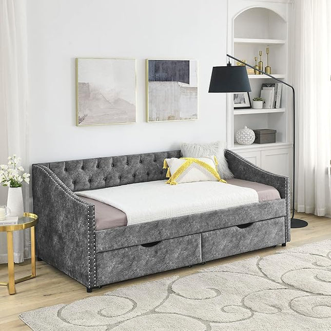 Twin Size Daybed with 2 Storage Drawers,Linen Upholstered Sofa Bed W/Button on Back & Copper Nail on Waved Shape Armrests,No Spring Box Need,Wood Bedframe for Living Room Bedroom Dorm,Grey - LeafyLoom