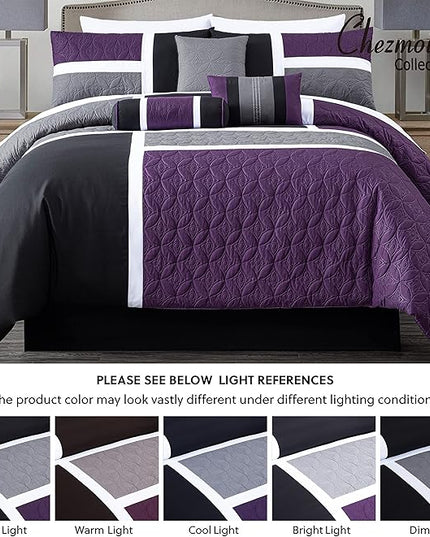 Chezmoi Collection Upland 7-Piece Quilted Patchwork Comforter Set, Purple/Black/Gray, Queen - LeafyLoom