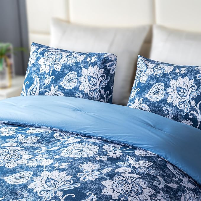 Sophia & William Queen Size Comforter Set for All Season, 3 Pcs Bedding Set with Antique Blue Printed Comforter with & 2 Pillowcases - LeafyLoom