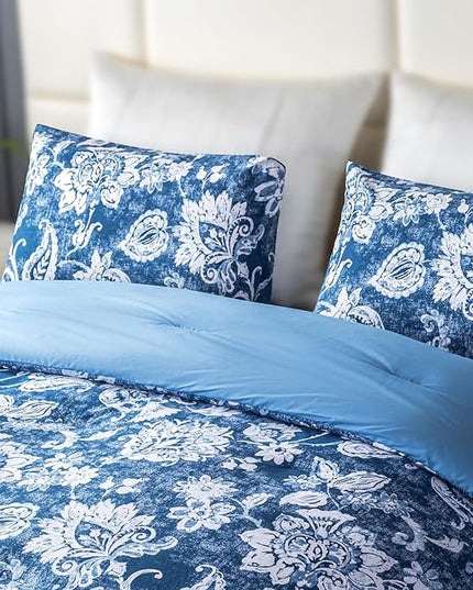 Sophia & William King Size Comforter Set for All Season, 3 Pcs Bedding Set with Antique Blue Printed Comforter with & 2 Pillowcases - LeafyLoom