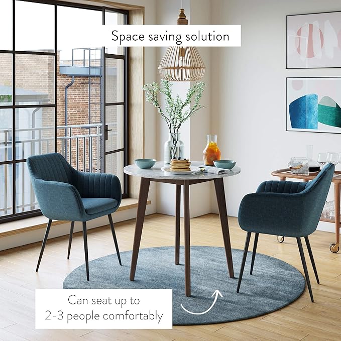 Nathan James Amalia Round Marble Bistro Dining Table with Legs in Wood Finish and Faux White Carrara Marble Table Top, Antique Coffee - LeafyLoom