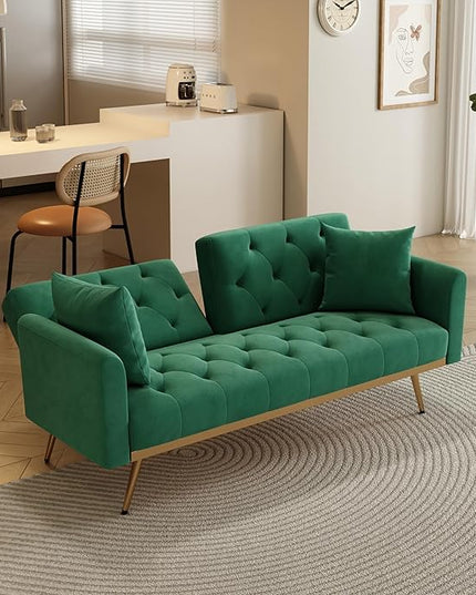Velvet Upholstered Modern Convertible Futon Couch Folding Sofa Bed Recliner Lounge Loveseat Daybed Sofacama with Adjustable Backrest and Golden Legs for Small RV Living Room Office, Green 68.3" - LeafyLoom