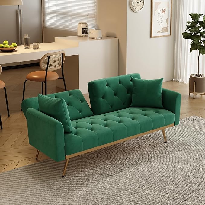 Velvet Upholstered Modern Convertible Futon Couch Folding Sofa Bed Recliner Lounge Loveseat Daybed Sofacama with Adjustable Backrest and Golden Legs for Small RV Living Room Office, Green 68.3" - LeafyLoom