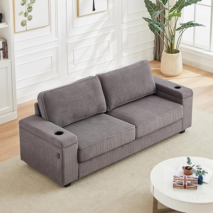 Modern Living Room Upholstered 3 Seater Sofa Couch Deep Seat Soft Corduroy Sofa&Couch with Storage Armrests, 2 Cupholders, Type-C and USB Charging Ports for Home, Apartment, Office - LeafyLoom