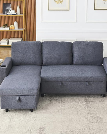 Reversible Sleeper Sectional Sofa with Storage Chaise and Pull Out Bed, L Shaped Linen Upholstery Convertible Corner Couch Sofabed with Cup Holders & Side Pockets for Living Room Office - LeafyLoom