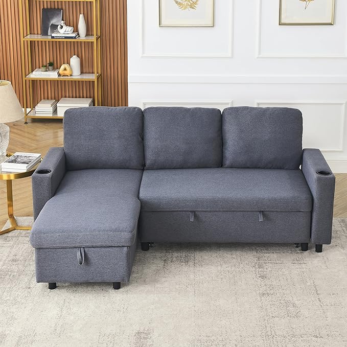 Reversible Sleeper Sectional Sofa with Storage Chaise and Pull Out Bed, L Shaped Linen Upholstery Convertible Corner Couch Sofabed with Cup Holders & Side Pockets for Living Room Office - LeafyLoom
