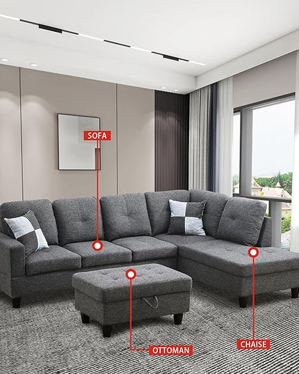 ROOMTEC Modern L Shaped Sectional Sofa Set with Storage Ottoman, Right Facing Chaise Longue, Reversible Backrest w/ 2 Cup Holders, Linen Tufted Cushions, for Living Room, Black Grey - LeafyLoom
