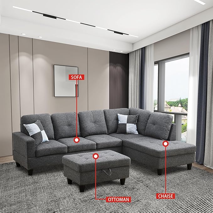 ROOMTEC Modern L Shaped Sectional Sofa Set with Storage Ottoman, Right Facing Chaise Longue, Reversible Backrest w/ 2 Cup Holders, Linen Tufted Cushions, for Living Room, Black Grey - LeafyLoom