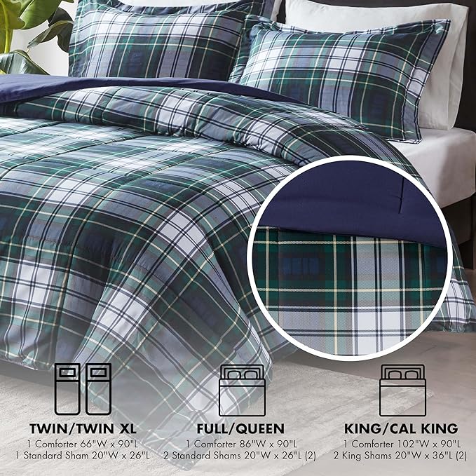 Madison Park Essentials Parkston Plaid Comforter, Matching Sham, 3M Scotchguard Stain Release Cover, Hypoallergenic All Season Bedding-Set, King/California King, Navy, 3 Piece - LeafyLoom