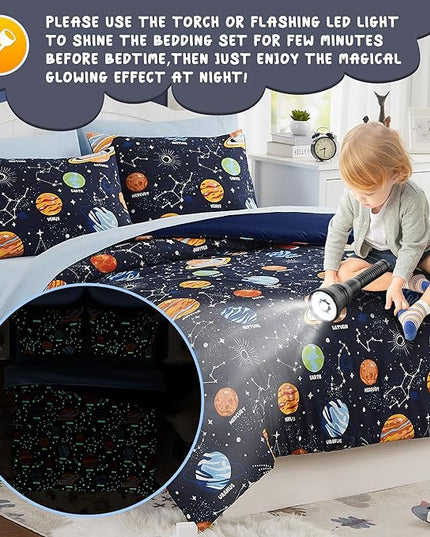 Twin Comforter Set with Sheets - 5 Pieces Kids Twin Bedding Sets, Glow in The Dark Space Twin Bed in a Bag with Comforter, Sheets, Pillowcase & Sham - LeafyLoom
