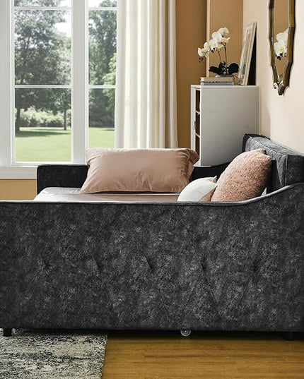 Full Size Upholstered Daybed with Twin Size Trundle, Tufted Sofa Bed w/Waved Shape Arms, for Bedroom Living Room, No Box Spring Needed & Space-Saving Design, Grey - LeafyLoom