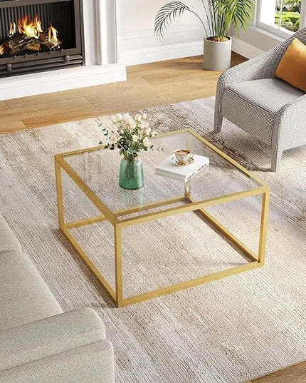 SAYGOER Gold Coffee Table Glass Modern Coffee Tables for Small Space Simple Square Center Table for Living Room Home Office 26.7 x 26.7 x 15.7, Easy Assembly - LeafyLoom