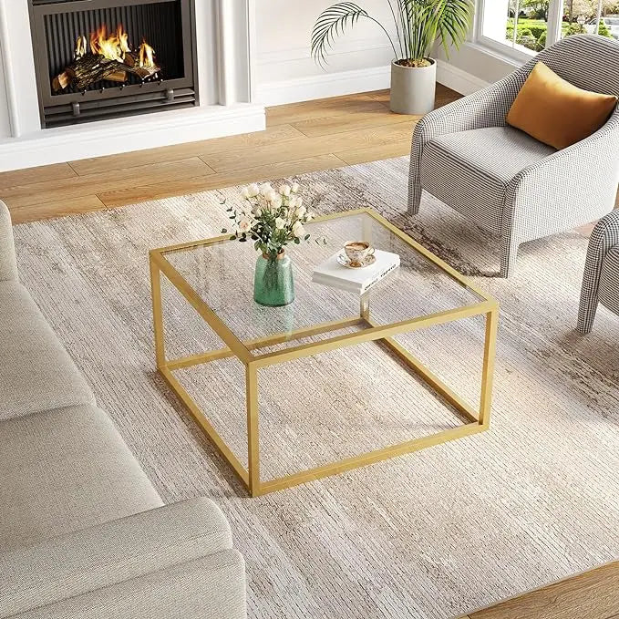 SAYGOER Gold Coffee Table Glass Modern Coffee Tables for Small Space Simple Square Center Table for Living Room Home Office 26.7 x 26.7 x 15.7, Easy Assembly - LeafyLoom