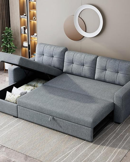 Upholstered Sectional Storage Chaise and Pull, L-Shape Convertible Corner Couch, Reversible Sleeper Sofa-Bed,W/ 3 Back Cushions,for Living Room,Office,(Light Grey), 81.5" - LeafyLoom