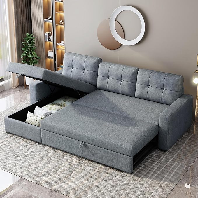 81.5" Sectional Sleeper Sofa with Storage Chaise, L Shaped Pull Out Couch Bed with 3 Removable Back Cushion for Living Room,Apartment,Office,Light Grey - LeafyLoom