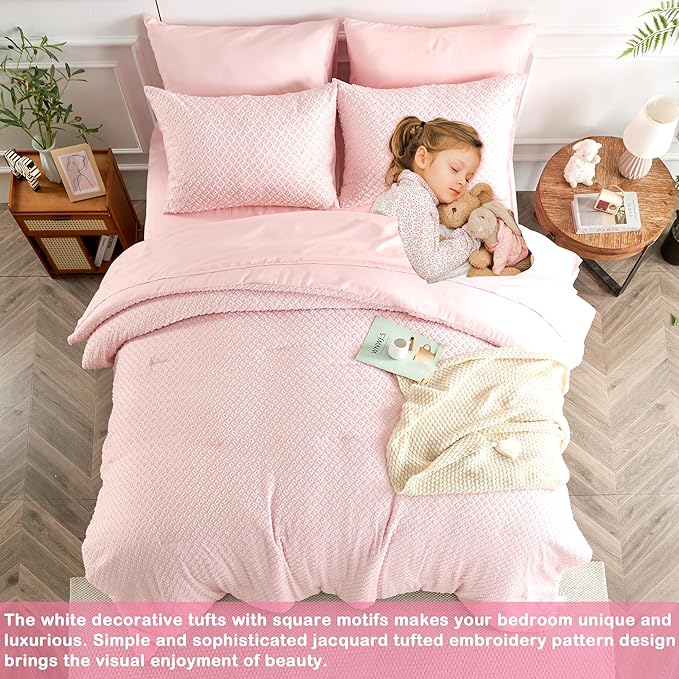Queen Size Tufted Kids Comforter Set 7 Piece Pink Jacquard Tufts Embroidery Bedding Set for Boys Girls Bed in A Bag Quilt with 1 Comforter, 1 Flat Sheet, 1 Fitted Sheet, 2 Pillowcase and 2 Pillow Sham - LeafyLoom