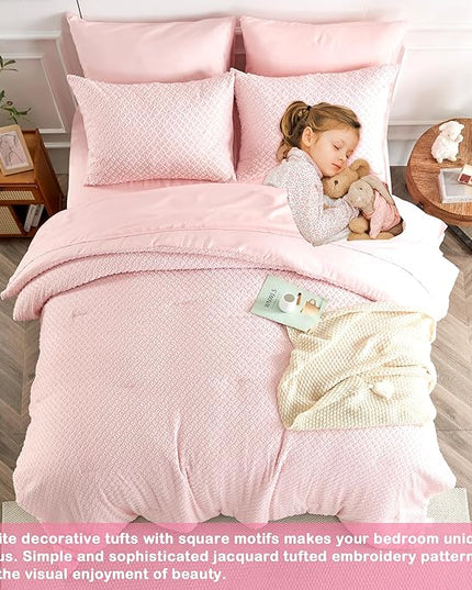 Twin Size Tufted Kids Comforter Set 6 Piece Pink Jacquard Tufts Embroidery Bedding Set for Girls Bed in A Bag Quilt with 1 Comforter, 1 Flat Sheet, 1 Fitted Sheet, 1 Pillowcase and 2 Pillow Sham - LeafyLoom