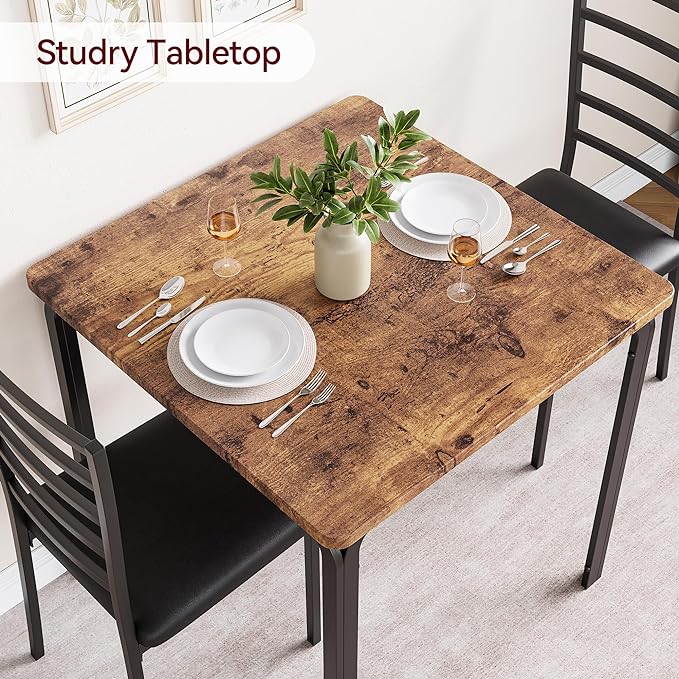 IDEALHOUSE Dining Table for 2, Small Table and Chairs Set of 2, Dinette Set for 2, Square Dinner Table Set, 3 Piece Kitchen & Dining Room Sets for Small Space, Apartment, Home Office, Rustic Brown - LeafyLoom