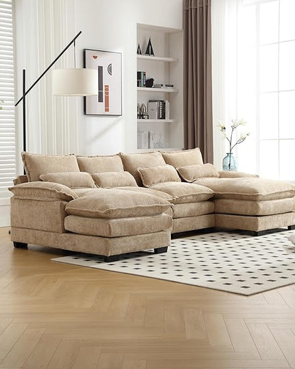 6 Seater Overstuffed Modular Sectional Sofa Cloud Couch with Double Chaise Lounge, U Shaped Chenille Upholstered Leisure Sofa&Couches with Memory Foam and Waist Pillows for Living Room Office - LeafyLoom