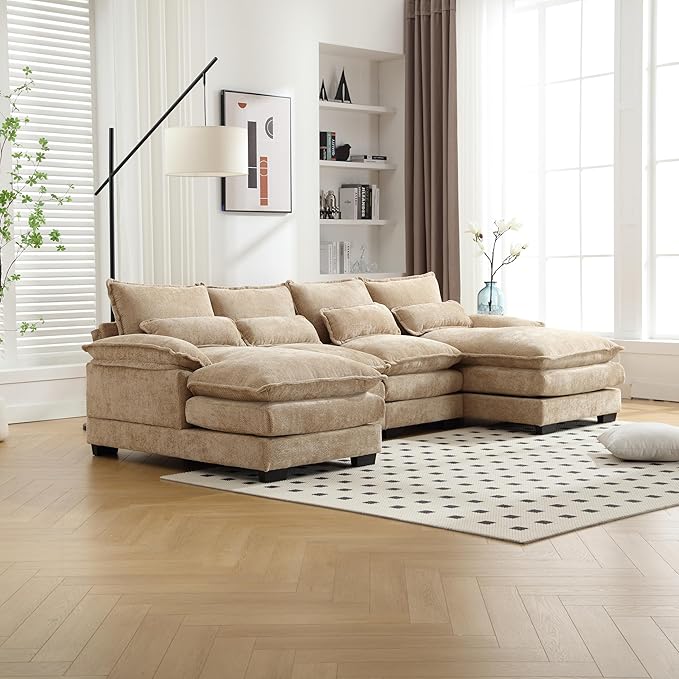 6 Seater Overstuffed Modular Sectional Sofa Cloud Couch with Double Chaise Lounge, U Shaped Chenille Upholstered Leisure Sofa&Couches with Memory Foam and Waist Pillows for Living Room Office - LeafyLoom