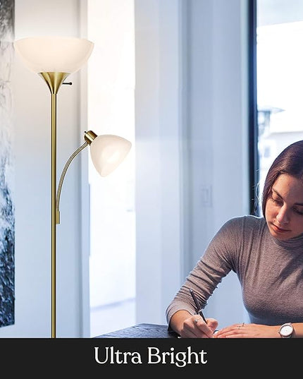 Brightech Sky Dome Plus LED Floor lamp, Torchiere Super Bright Floor Lamp with Reading Lamp for Living Rooms & Offices - Dimmable Tall Standing Lamp for Bedroom Reading - Gold Brass - LeafyLoom