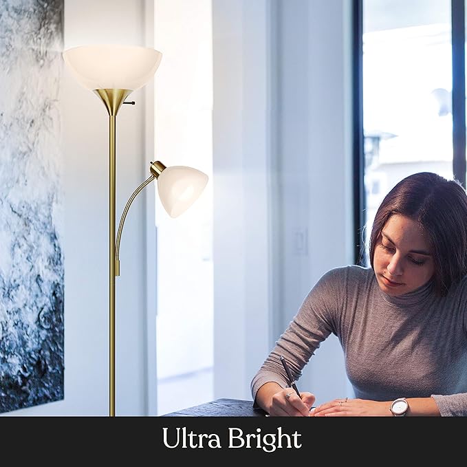 Brightech Sky Dome Plus LED Floor lamp, Torchiere Super Bright Floor Lamp with Reading Lamp for Living Rooms & Offices - Dimmable Tall Standing Lamp for Bedroom Reading - Gold Brass - LeafyLoom