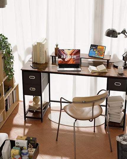 Pamray 55 Inch Computer Desk with Non-woven Storage Drawers and Monitor Stand Home Office Desk for Bedroom Study Table Writing and Work Desk Vintage - LeafyLoom