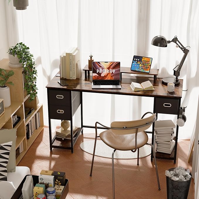 Pamray 55 Inch Computer Desk with Non-woven Storage Drawers and Monitor Stand Home Office Desk for Bedroom Study Table Writing and Work Desk Vintage - LeafyLoom