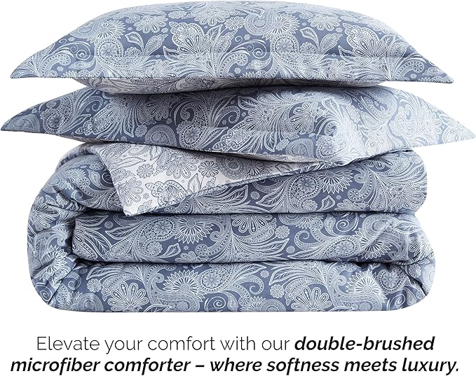 Southshore Fine Living, Inc. Oversized Twin Comforter Bedding Set, Down Alternative Paisley Bedspread, Reversible Print is 2 Colors in 1, Twin/Twin XL Comforter & Matching Sham, Blue/White - LeafyLoom