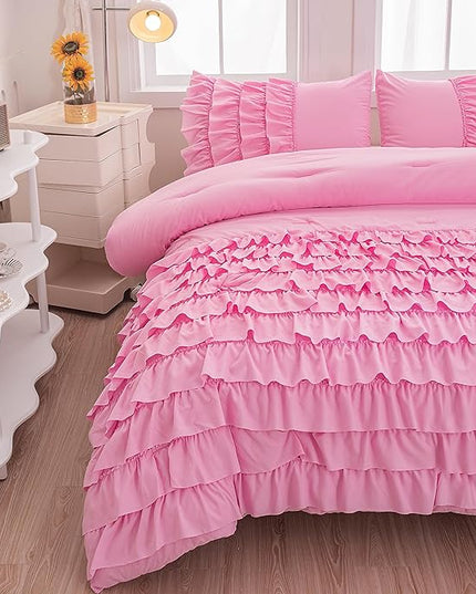 Pink Twin Comforter Set for Girls, 5 Pcs Bed in a Bag Twin for Teen Girls, Princess Bedding Set for Girls, Twin Size Comforter Sets for Girls with 1 Fitted Sheet and 1 Flat Sheet - LeafyLoom