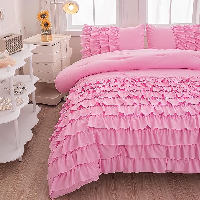 Pink Ruffle Comforter Set Twin, Girls Comforter Set Twin, Princess Comforter Set Twin, Pink Twin Bed Set for Girls, Kids Teen Girls Bedding Sets with 2 Pillowcases - LeafyLoom