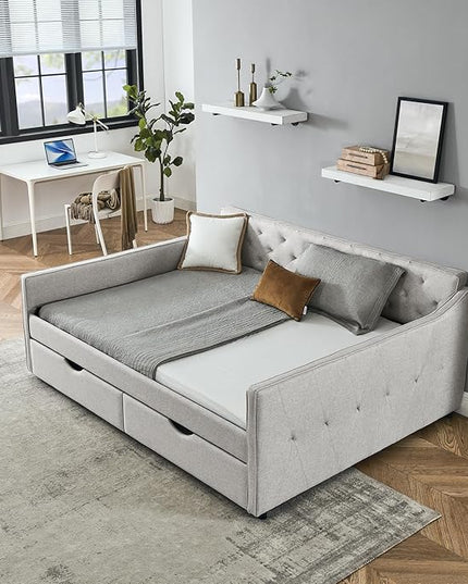 RITSU Queen Size Upholstered Tufted Daybed with Two Pull Out Drawers Sofa Bed, Button Polyester on Back, Waved Shape Arms for Bedroom, Living Room,No Need Boxing Spring, Beige, 85.50 - LeafyLoom