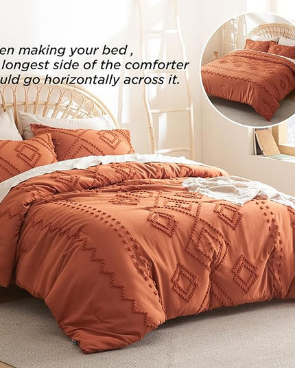 Bedsure Boho Comforter Set King - Terracotta Tufted Bedding Comforter Set, 3 Pieces Farmhouse Shabby Chic Embroidery Bedding Set, Soft Geometric Pattern Comforter for All Seasons - LeafyLoom