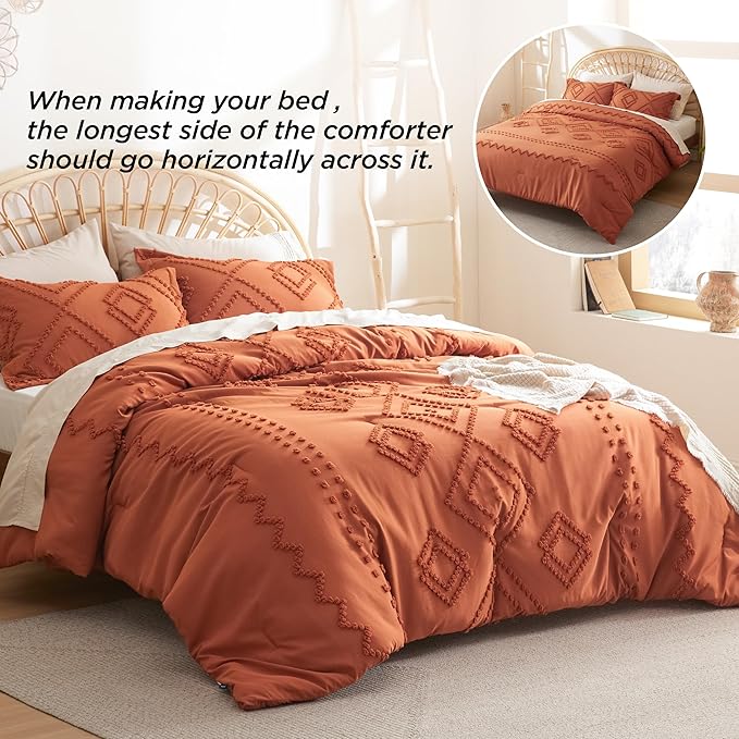 Bedsure Boho Comforter Set King - Terracotta Tufted Bedding Comforter Set, 3 Pieces Farmhouse Shabby Chic Embroidery Bedding Set, Soft Geometric Pattern Comforter for All Seasons - LeafyLoom