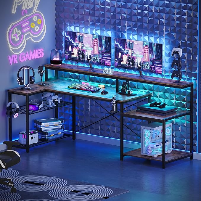 Bestier 71.5 inch Computer Desk with Power Outlets, L Shaped LED Home Office Desk with Long Monitor Stand, Large Corner Desk with Storage Shelf, Cup Holder & Headset Hooks, Modern Simple Table - LeafyLoom