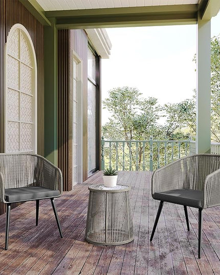 EAST OAK Breezeway Patio Furniture Set, 3-Piece Outside Bistro Set Handwoven Rattan Wicker Chairs with Waterproof Cushions, Tempered Glass Table, Outdoor Conversation Set, Light Grey & Dark Grey - LeafyLoom