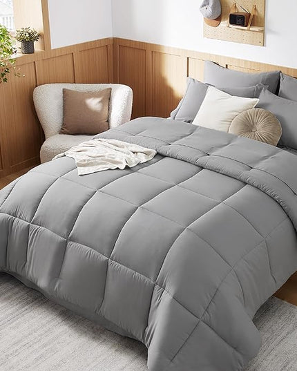 Bedsure Twin Comforter Set - 5 Pieces Solid Twin Bed in a Bag, Twin Bed Set Grey with Quilted Warm Fluffy Comforters, Sheets, Pillowcase & Sham - LeafyLoom